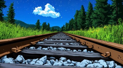 Tranquil Night Landscape With Pixel Art Train Tracks