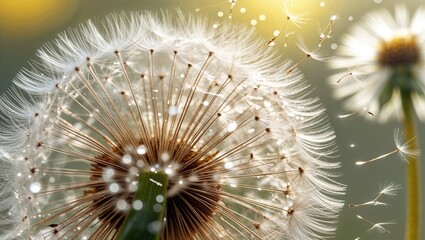 Obraz premium Close-up of dandelion puff and seeds against a sparkling background