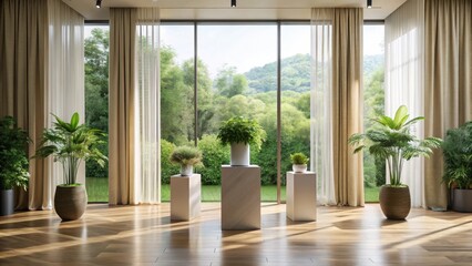 Fototapeta premium Serene Indoor Oasis Featuring Lush Greenery and Floor-to-Ceiling Windows Offering a Tranquil View