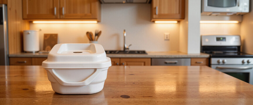 Stylish takeout container in modern kitchen setting, food presentation