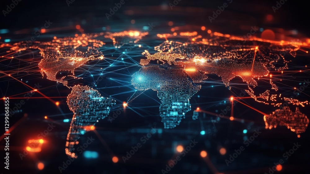 Poster abstract visualization of global network connections glowing lines link floating data nodes across w