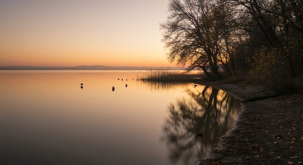 Obraz premium Evening Sunset Over Calm Lake with Trees and Water Reflection Nature Scene