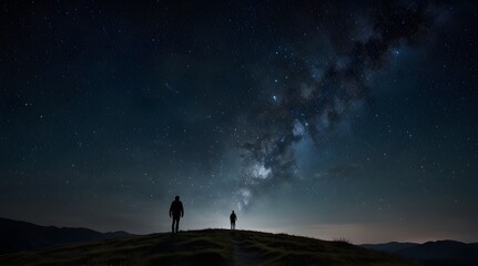 Silhouette of a man standing on a hill under a full moon and a starry sky. generative.ai