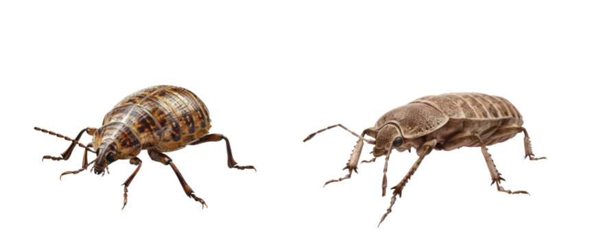 Detailed image of two beetles displaying diverse colors and textures in natural pose