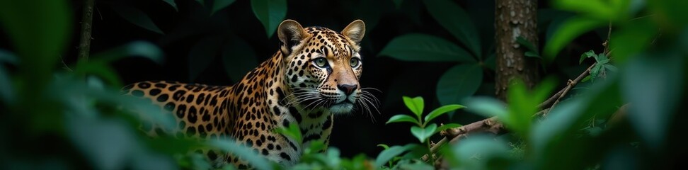 Obraz premium Close-up leopard in dense tropical vegetation, black background, big cat, leopard, night