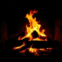 Blazing fire in a fireplace on black background, ember, fireside, flame