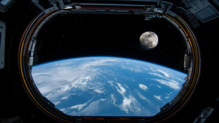Earth and Moon viewed from Spacecraft Window at Night Illuminated Blue Planet with Textured Moon Surface
