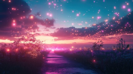 Fototapeta premium A futuristic digital landscape with glowing lights and a vibrant pathway set against a twilight sky, blending nature and technology.