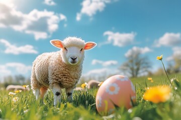 Fototapeta premium Springtime bliss with fluffy sheep grazing next to an Easter egg in a bright meadow. Generative Ai