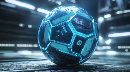 Futuristic blue soccer ball featuring digital icons, showcasing tech and sports integration.