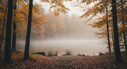 Autumn Forest Lake Scene with Misty Atmosphere and Golden Foliage