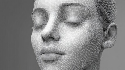 A wireframe model of a woman's head with her eyes closed.