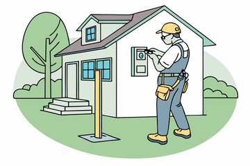 Electrician Installing Smart Meter on House for Renewable Energy Efficiency