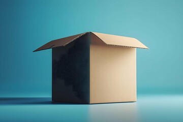 Open Box against Blue Background: A simple cardboard box, slightly ajar, sits against a serene blue background. Its presence evokes themes of shipping, storage, unpacking, mystery, and the unknown.
