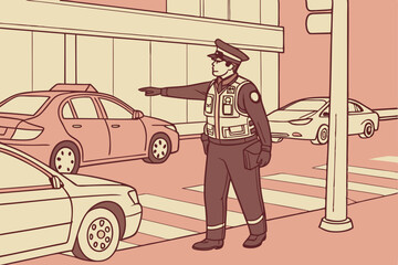 Traffic Officer Directing Cars at Busy Urban Intersection: Street Safety and Law Enforcement in Action