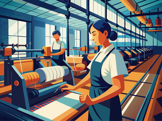 Modern Textile Factory: Skilled Workers Operating Machinery in a Contemporary Production Facility"