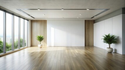 Obraz premium Spacious Room with Natural Light, Hardwood Floors, and Minimalist Design Featuring Large Windows and Potted Plants
