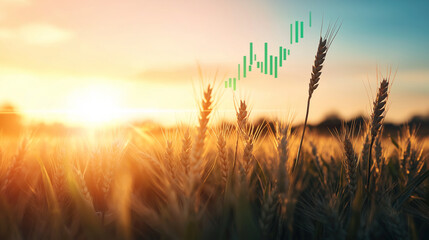 Obraz premium Vast wheat fields under a warm sunset, with a rising green graph floating above, illustrating the impact of global inflation and the rising price of essential grains.