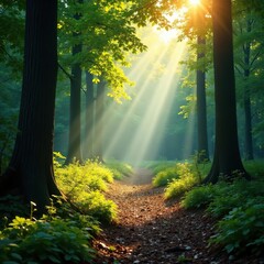 Obraz premium Sunlight casts dappled shadows on the forest floor as light filters through, foliage, trees