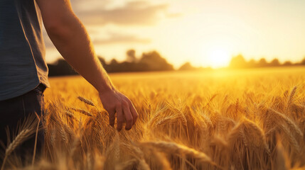 Sunset casts warm light over a golden wheat field, with a man standing, his hand brushing the ripe wheat, symbolizing a deep connection to nature&acirc;s growth.