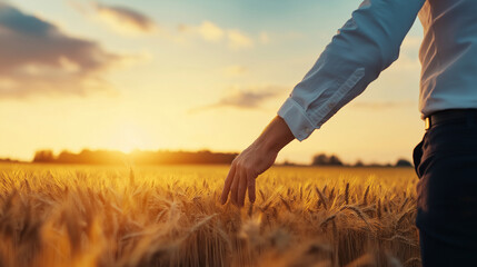 Businessman in a wheat field at sunset, touching the ripe crops, with a serene golden light reflecting off the wheat, representing success and nature's bounty.