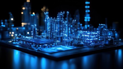 Naklejka premium A futuristic digital factory model illuminated in blue against a dark background showcasing advanced industrial technology