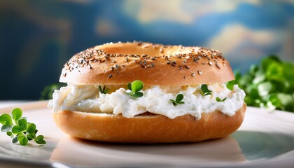 A sesame seed bagel with creamy cheese filling, garnished with fresh parsley, served on a plate against a vibrant blue background.