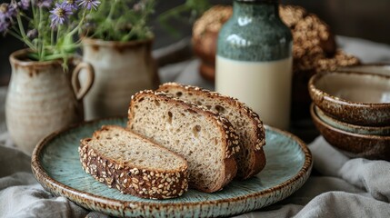 Naklejka premium Artisan Sliced Bread with Seeds on Rustic Plate Still Life