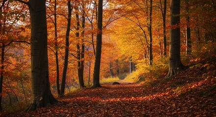 Autumn Forest Path Lined by Trees with Fallen Leaves and Sunlight