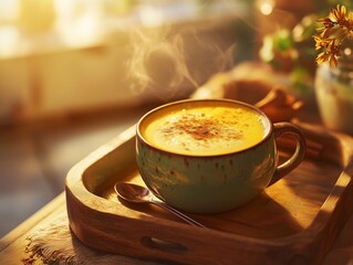 Photograph of a golden turmeric latte in a ceramic cup, sprinkled with cinnamon and served with a small spoon.