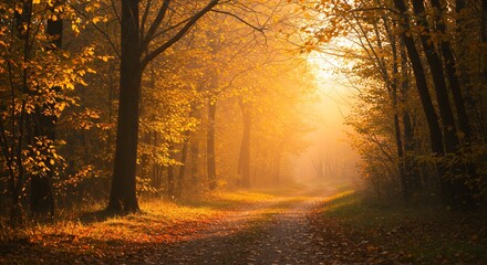 Pathway Through Forest in Autumn Sunlight with Golden Foliage and Fog