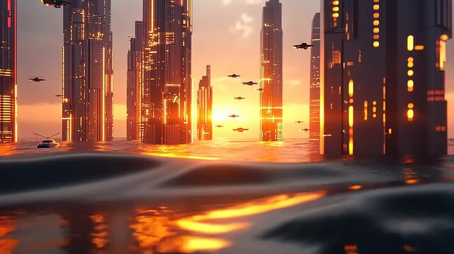 Futuristic city skyline at sunset with flying drones above a reflective water surface