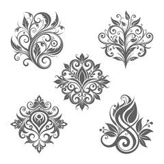 Elegant Flourishes Black & White Floral Vector Illustration Set, embellishment, wedding, classic, nature, baroque, Victorian, aesthetic, delicate, abstract, digital art, curvy, ornamental