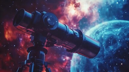 Telescope Observing Distant Planet and Nebula in Cosmic Space Scene