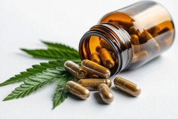CBD capsules on white background with cannabis leaf