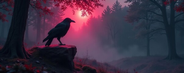 Midnight raven atop crimson pedestal amidst misty woods, bloody, forest, fog
