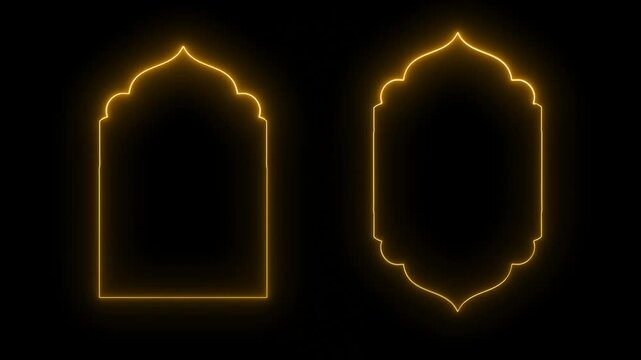 Glowing neon line oriental style Islamic windows and arches animation video, Traditional islamic window shapes in oriental style, decorative arches, mosque borders or moroccan gates Arabic  frames