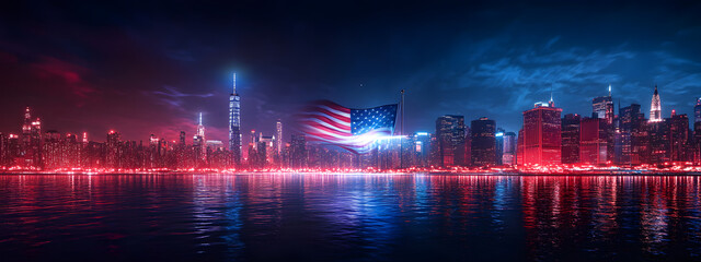 A digital art depicting the American flag waving in front of city lights
