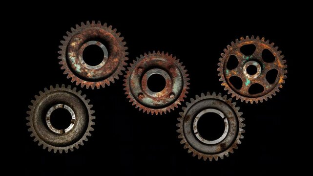 Looped futtage rotating gears. Continuous rotation of gears. Rusty gears rotate endlessly. Futage on a transparent background.