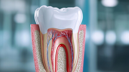 Scientific illustration of human tooth structure with enamel, crown, root, and nerve, showcasing each layer in cross-section for dentistry education.