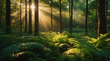 Fototapeta premium Sunlight breaks through the canopy of tall trees in a lush forest, creating stunning rays of light. Ferns and foliage contribute to the serene atmosphere, enhancing the beauty of nature.