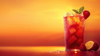 Vibrant Summer Cocktail with Fresh Strawberries and Mint Garnish Against a Sunset Backdrop