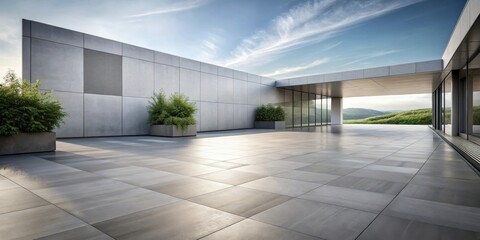 Obraz premium Serene Modern Terrace Expansive Patio with Grey Stone Tiles and Lush Greenery, Offers Breathtaking Views of Rolling Hills Under a Clear Sky