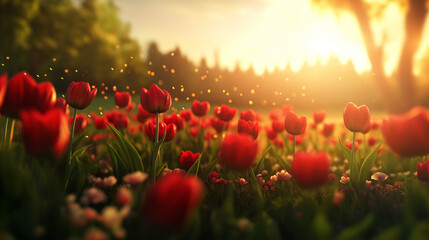 Morning sunlight bathes a field of bright red tulips in golden light, surrounded by a colorful array of spring flowers. The sky is clear and the atmosphere peaceful.