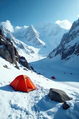Climbers' tents nestled in snowy mountain pass , winter, climb
