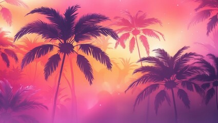 Obraz premium A stunning sunset casts vibrant colors over a tropical scene filled with palm trees. The selective focus emphasizes the lush silhouettes against a dreamy, blurred background, evoking relaxation.