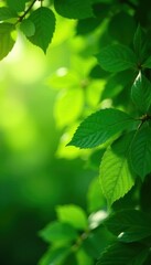 Fototapeta premium Dense emerald leaves, sunlight dappled, refreshing scene, growth, garden