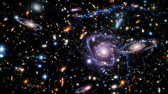 A mesmerizing video still of a galaxy cluster with a wide-angle view, showcasing vibrant stars and galaxies against a deep space backdrop.