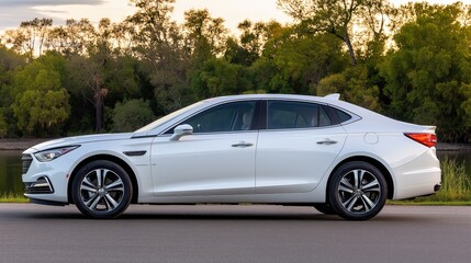 Elegant sedan driving by scenic riverbank at sunset automotive photography nature surroundings side view