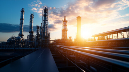 A futuristic petrochemical complex with sleek blue tones, showing a network of oil refineries, gas plants, and power generation equipment, all lit by the intense sunlight of a clea